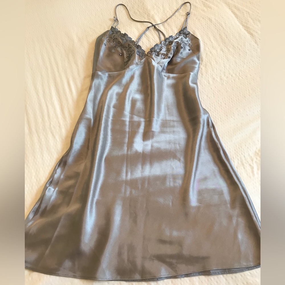 Vintage Silver Spaghetti Strap Mini Babydoll Floral Embroidered Slip Dress 6 Y2K